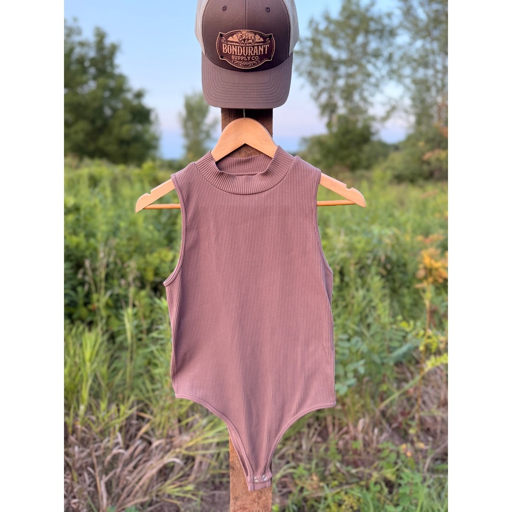 Gypsy + Jade Brown Ribbed Mock Neck Sleeveless Bodysuit L/XL Brown Bodysuit